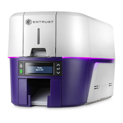 A white and purple card printer with a digital display reading "Ready Sigma DS1" and the brand name "ENTRUST" on top, perfect for secure ID card issuance through direct-to-card printing, Entrust Sigma DS1 Single Sided Direct-to-card ID Printer.