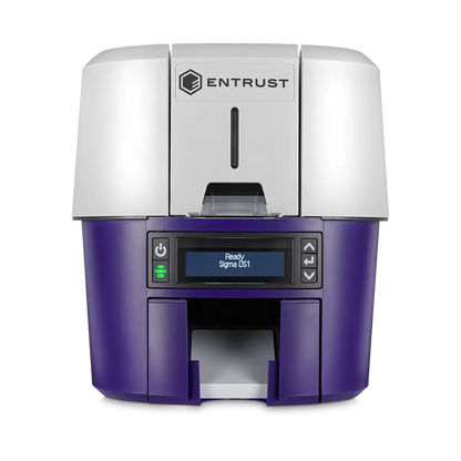 A white and purple Entrust Sigma DS1 Single Sided Direct-to-card ID Printer, designed for secure ID card issuance, displays a status screen and control buttons on the front panel, perfect for direct-to-card printing.