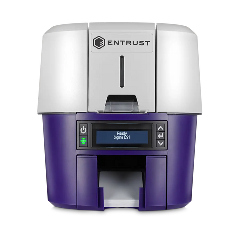 A white and purple Entrust Sigma DS1 Single Sided Direct-to-card ID Printer, designed for secure ID card issuance, displays a status screen and control buttons on the front panel, perfect for direct-to-card printing.