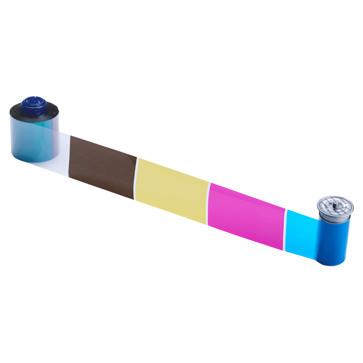 A partially unwound Entrust 513382-201 CMYKP Color Pigment Ribbon - 1000 Prints with segments of black, yellow, magenta, and cyan between two blue spool cartridges, suitable for use in a Retransfer Card Printer like the Entrust Artista CR805.
