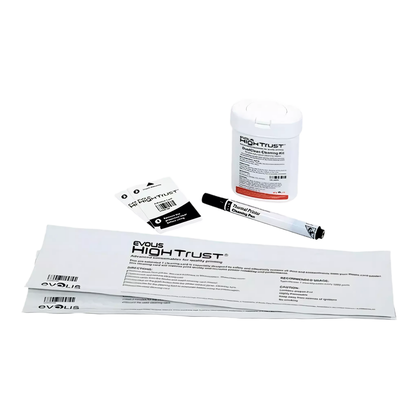 The Evolis Badgy Cleaning Kit comes in a sleek white container and includes a cleaning pen, wipes, and swabs, ideal for maintaining your ID card printer. Sold by Specialist ID.