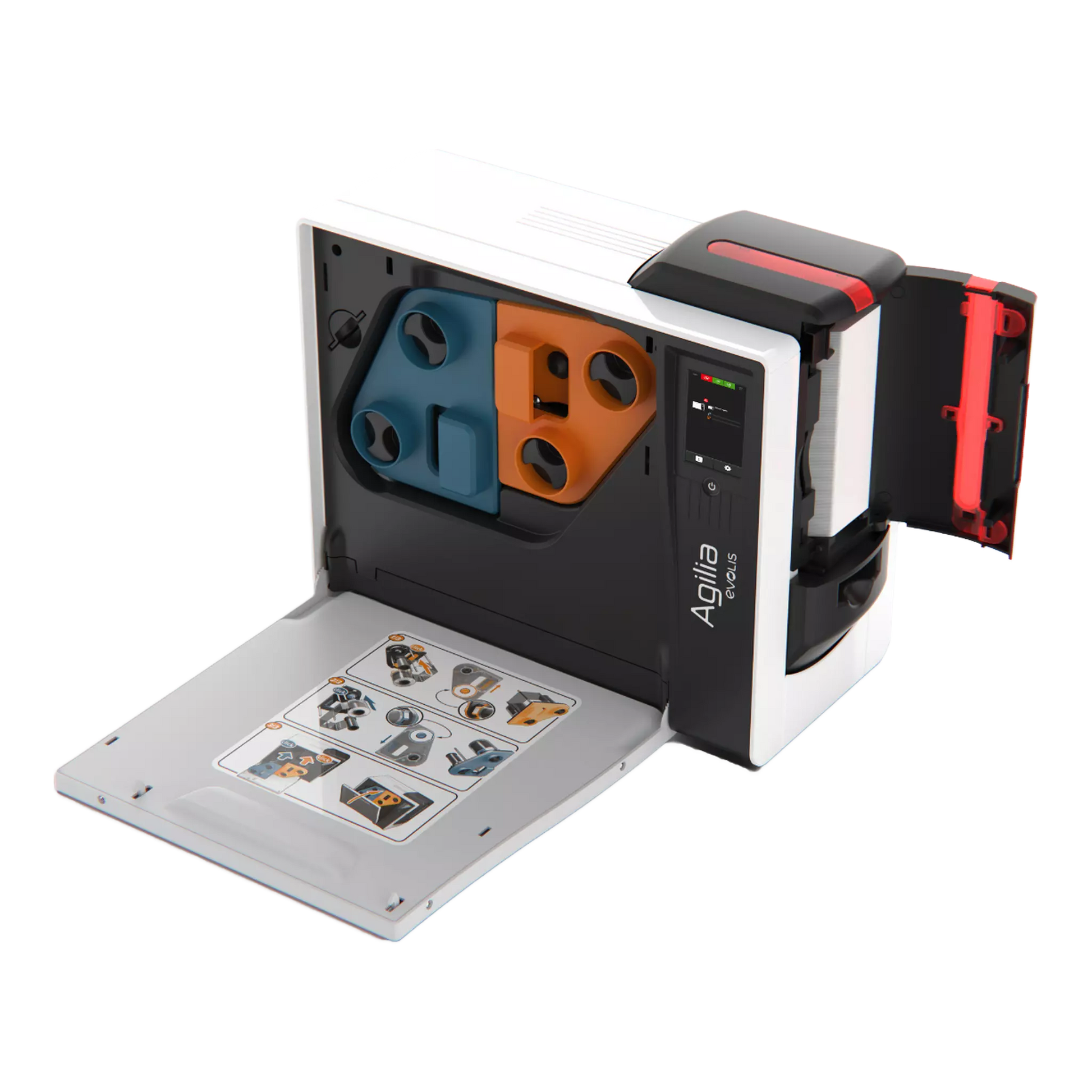 Evolis Agilia retransfer printer with cover open. Sold by Specialist ID.