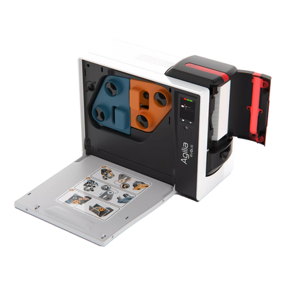 Evolis Agilia retransfer printer with cover open. Sold by Specialist ID.