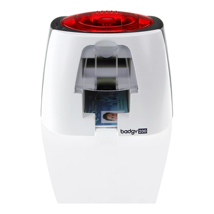 Front facing view of Evolis Badgy200 ID Card Printer. Capable of printing up to 95 full color cards per hour, the Badgy200 provides a quick and efficient card issuance process. Sold by Specialist ID.
