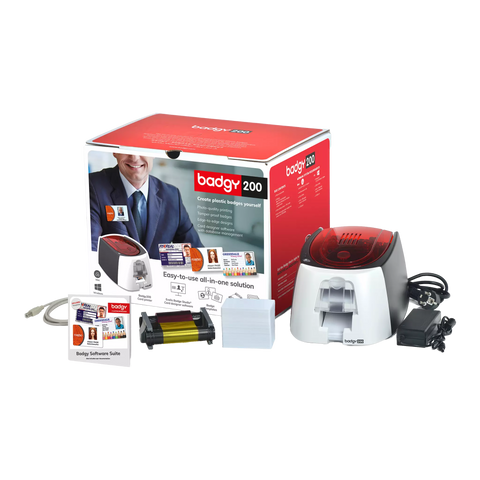 Thee Evolis Badgy200 with included power cord, 100PVC cards, color ribbon, software suite, USB cable. Sold by Specialist ID.