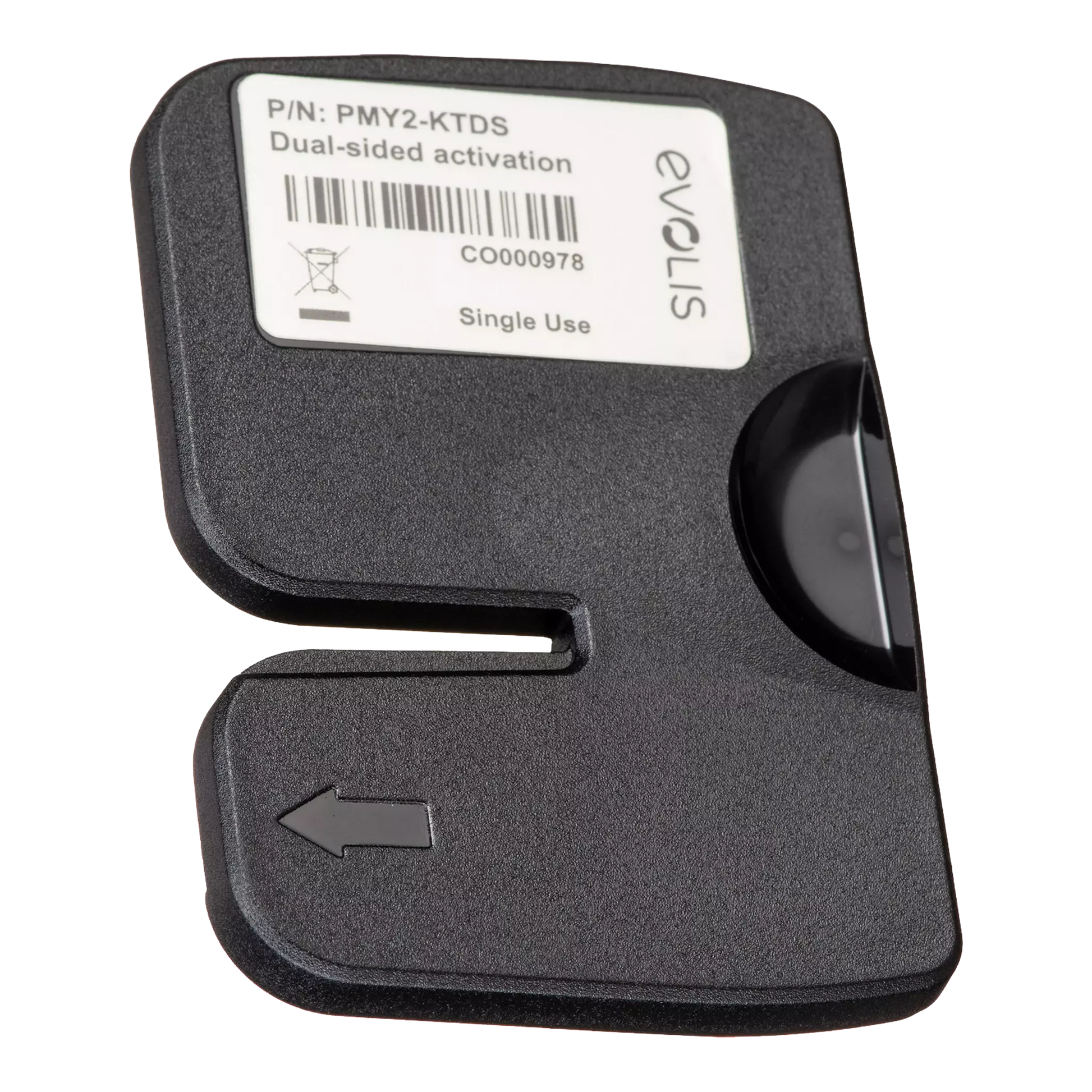 The Evolis PMY2-KTDS Dual Sided Upgrade Kit for Primacy 2 ID Card Printer is a black plastic card featuring a barcode, "Dual-sided activation," "Single Use," and a left-facing arrow on the label. Designed specifically for dual sided card printing with the Primacy 2 ID Card Printer, the part number "PMY2-KTDS" is also printed on the label.