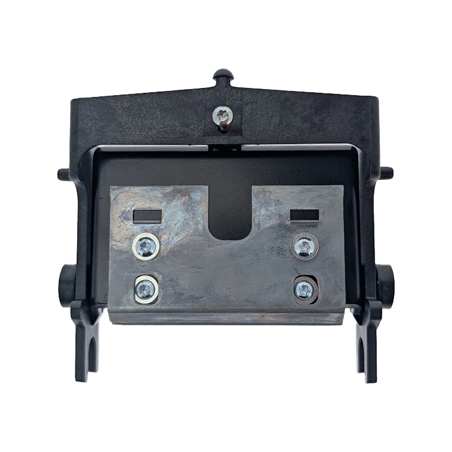 Black and metal rectangular mounting bracket with four bolts, shown front view on white background—compatible with the Evolis S10084 Replacement Printhead for Zenius & Primacy ID Card Printers.