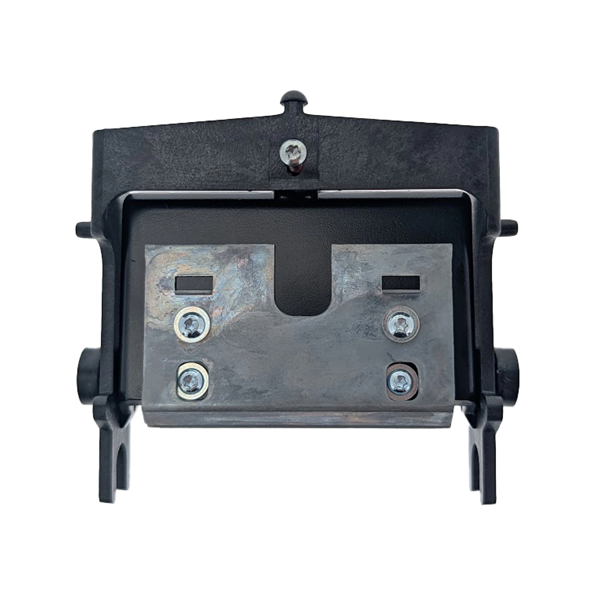 Black and metal rectangular mounting bracket with four bolts, shown front view on white background—compatible with the Evolis S10084 Replacement Printhead for Zenius & Primacy ID Card Printers.