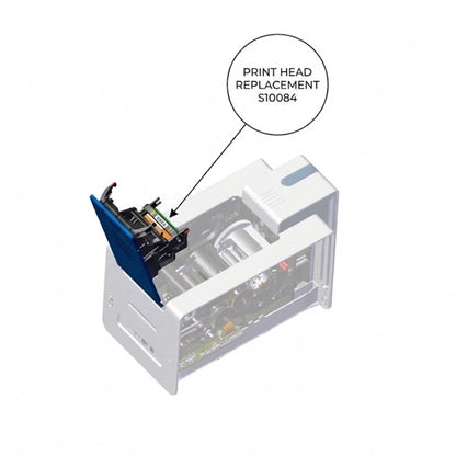 Diagram of a partially open printer with print head compartment exposed, labeled “Evolis S10084 Replacement Printhead for Zenius & Primacy ID Card Printers.”.