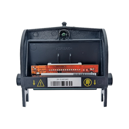 Front view of a black Evolis S10084 Replacement Printhead for Zenius & Primacy ID Card Printers shows a visible circuit board and caution symbols on the casing, set against a white background.