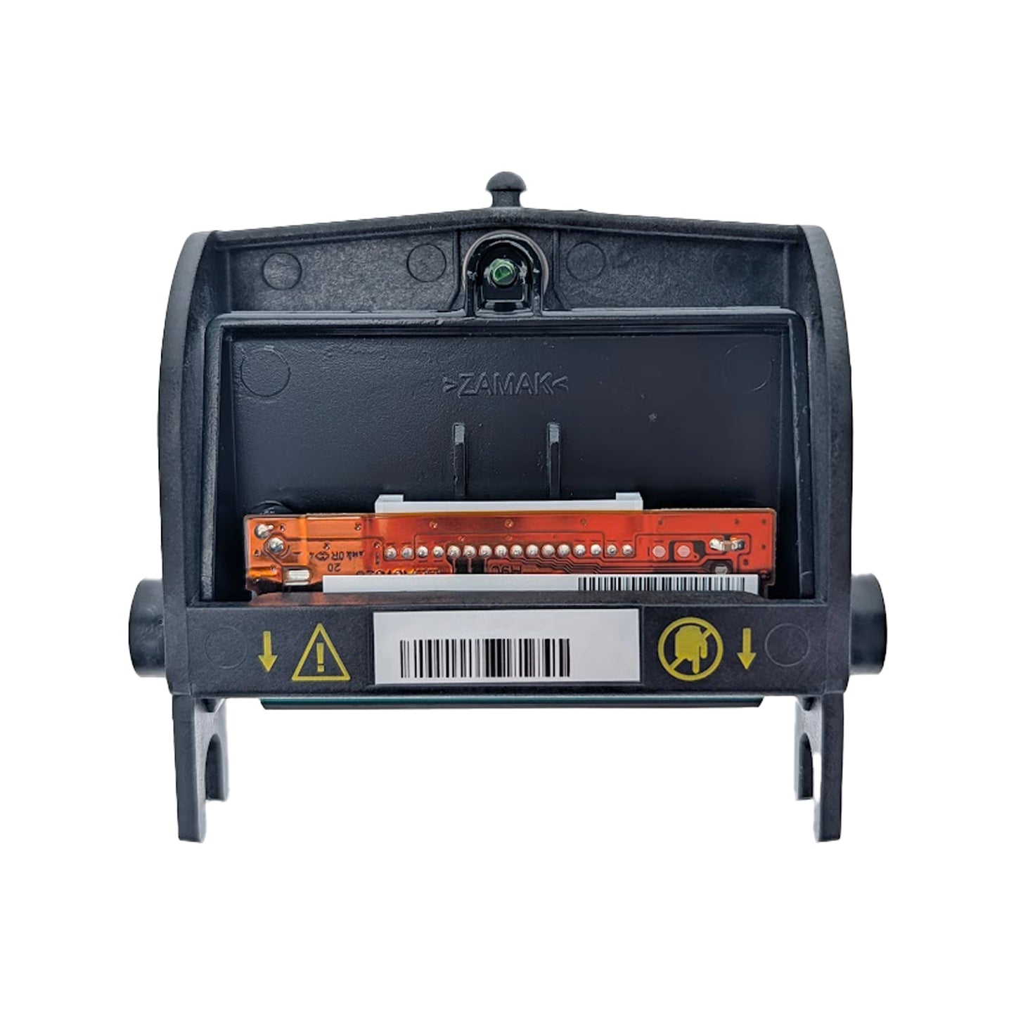 A close-up of an electronic component with circuit board, barcode, warning labels, and “ZAMAK” on the housing—perfect as the Evolis S10381 Replacement Printhead for the Primacy 2 ID Card Printer.