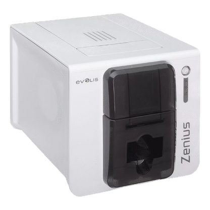 Side view of Evolis Zenius single sided ID card printer in grey brown color. Sold by Specialist ID.