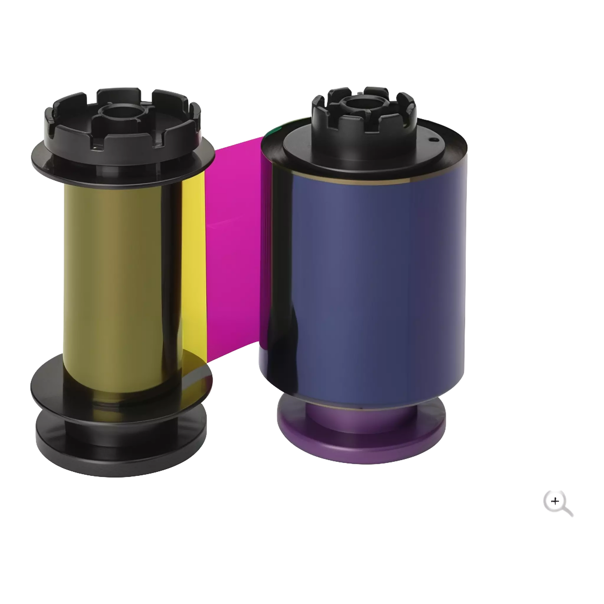 The Evolis RT5F012NAA HighTrust YMCKI Color Ribbon for the Avansia enables 400 prints, with yellow, magenta, and black film segments visible on two black plastic spools displayed against a white background.