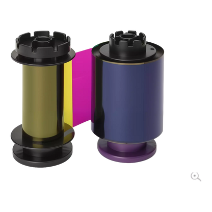 The Evolis RT5F012NAA HighTrust YMCKI Color Ribbon for the Avansia enables 400 prints, with yellow, magenta, and black film segments visible on two black plastic spools displayed against a white background.