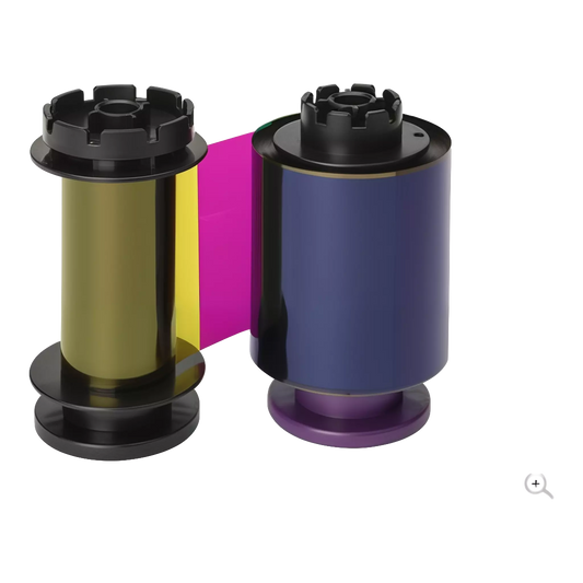 The Evolis RT5F012NAA HighTrust YMCKI Color Ribbon for the Avansia enables 400 prints, with yellow, magenta, and black film segments visible on two black plastic spools displayed against a white background.