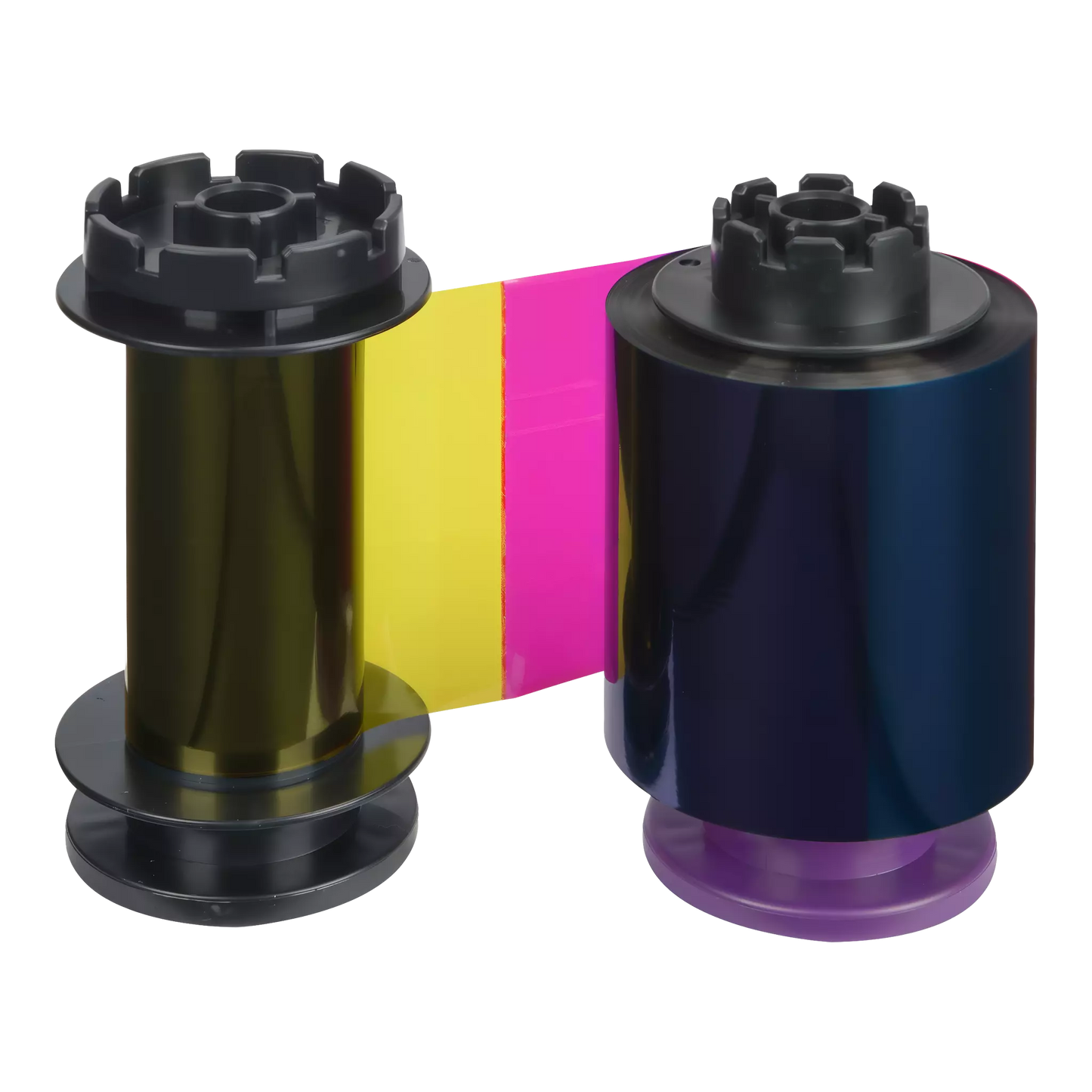 The Evolis RT5F013NAA HighTrust YMCKH color ribbon for Avansia retransfer ID card printers delivers 400 prints and includes yellow, magenta, cyan, black, and heat seal films wound between two black plastic spools.