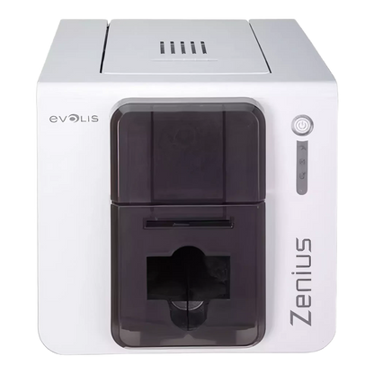 Front facing view of Evolis Zenius single sided ID card printer in grey brown color. Sold by Specialist ID.