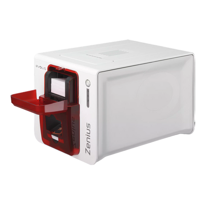 Side view of Evolis Zenius single sided ID card printer with full hopper in fire red color. Sold by Specialist ID.