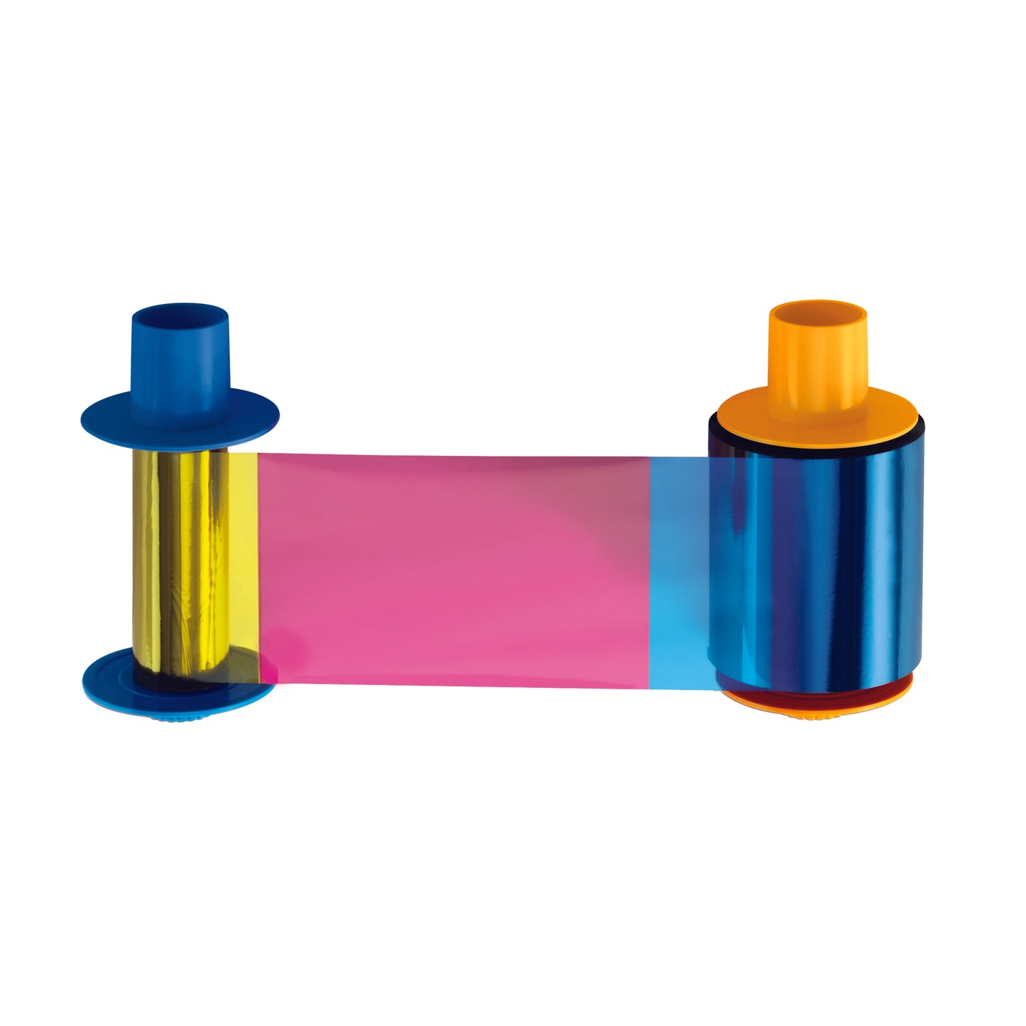 A roll of Fargo 045200 YMCKO Color Ribbon for DTC4500e & DTC4500 Printers with sections of yellow, red, and blue color strip secured between two plastic spools, perfect for use with ID Card Printers like the DTC4500e.