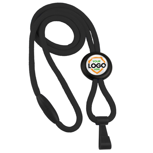 Custom Heavy Duty "No-Twist" Breakaway Black Lanyard with Slider (FF-34H-BLK) featuring a circular badge displaying the text "YOUR LOGO HERE" to boost brand awareness. Sold by Specialist ID.