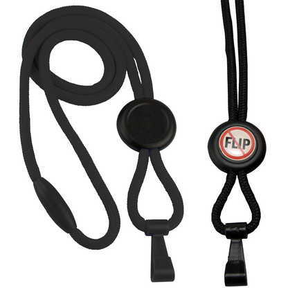 Two Custom Heavy Duty "No-Twist" Breakaway Black Lanyards with Slider (FF-34H-BLK). One features a plain round button, while the other has a round button with a "No Flip" symbol. Both custom lanyards have clips at the ends, perfect for increasing brand awareness.