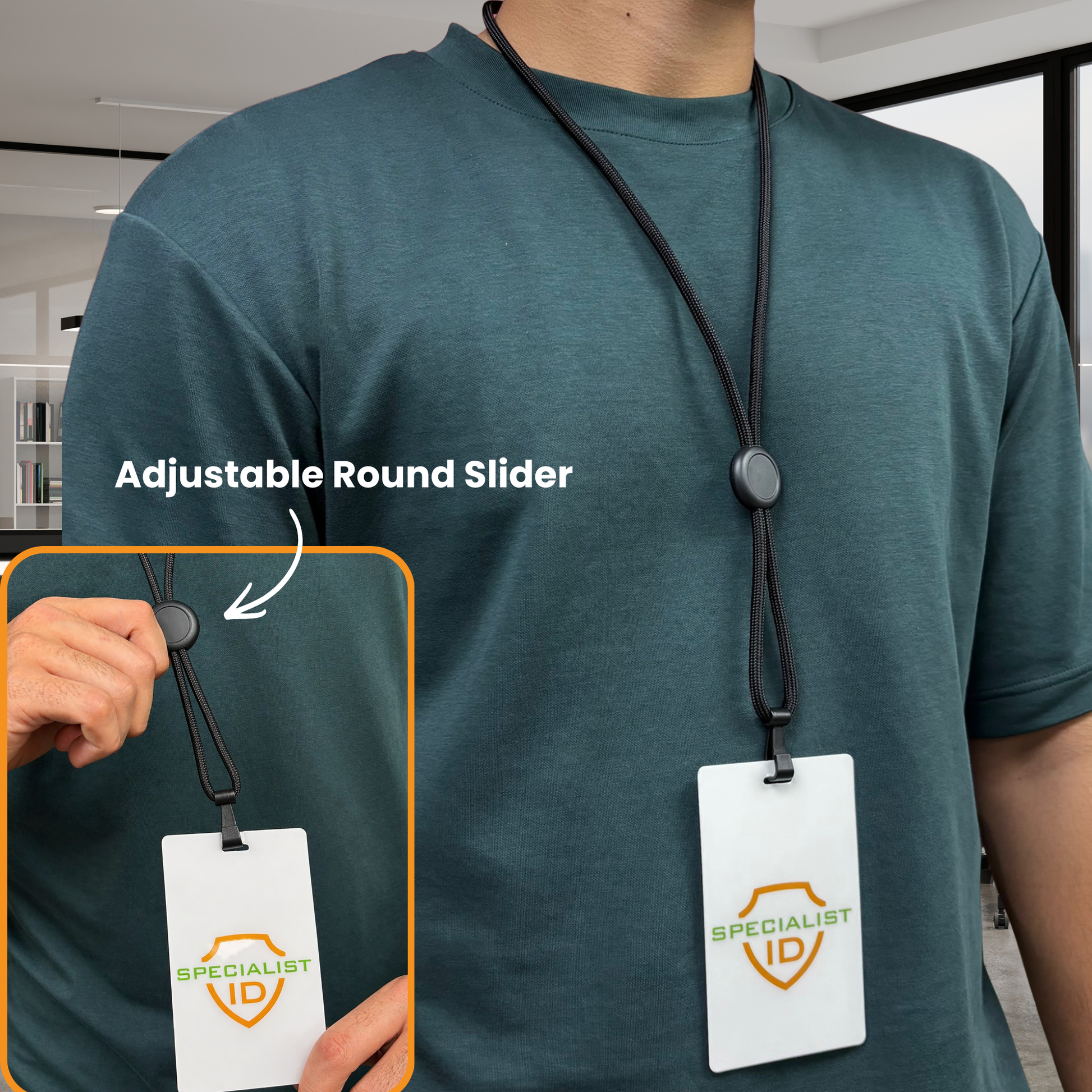Person wearing a teal shirt and the Round Heavy Duty "No-Twist" Breakaway Black Lanyard w/ Slider (P/N FF-34H-BLK) with a white Specialist ID badge; inset highlights close-up of the adjustable round slider on the lanyard.
