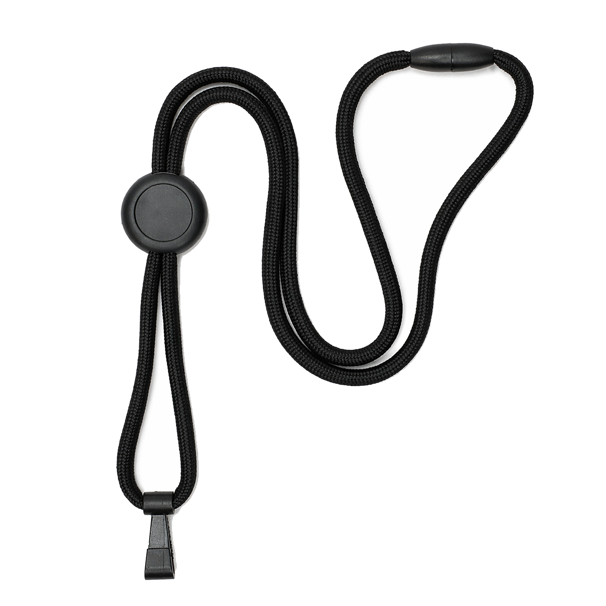 The Round Heavy Duty "No-Twist" Breakaway Black Lanyard w/ Slider (P/N FF-34H-BLK) features a clip, no-twist hook, and a round sliding adjuster for easy length adjustment.