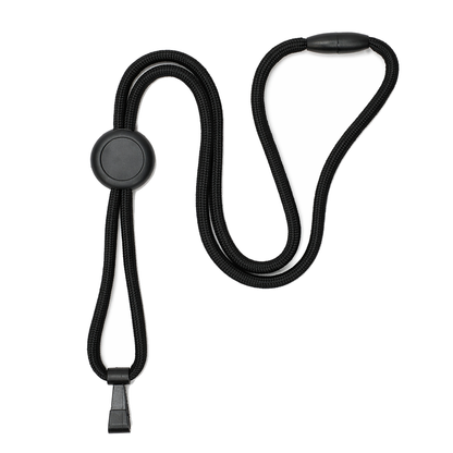 The Round Heavy Duty "No-Twist" Breakaway Black Lanyard w/ Slider (P/N FF-34H-BLK) features a clip, no-twist hook, and a round sliding adjuster for easy length adjustment.