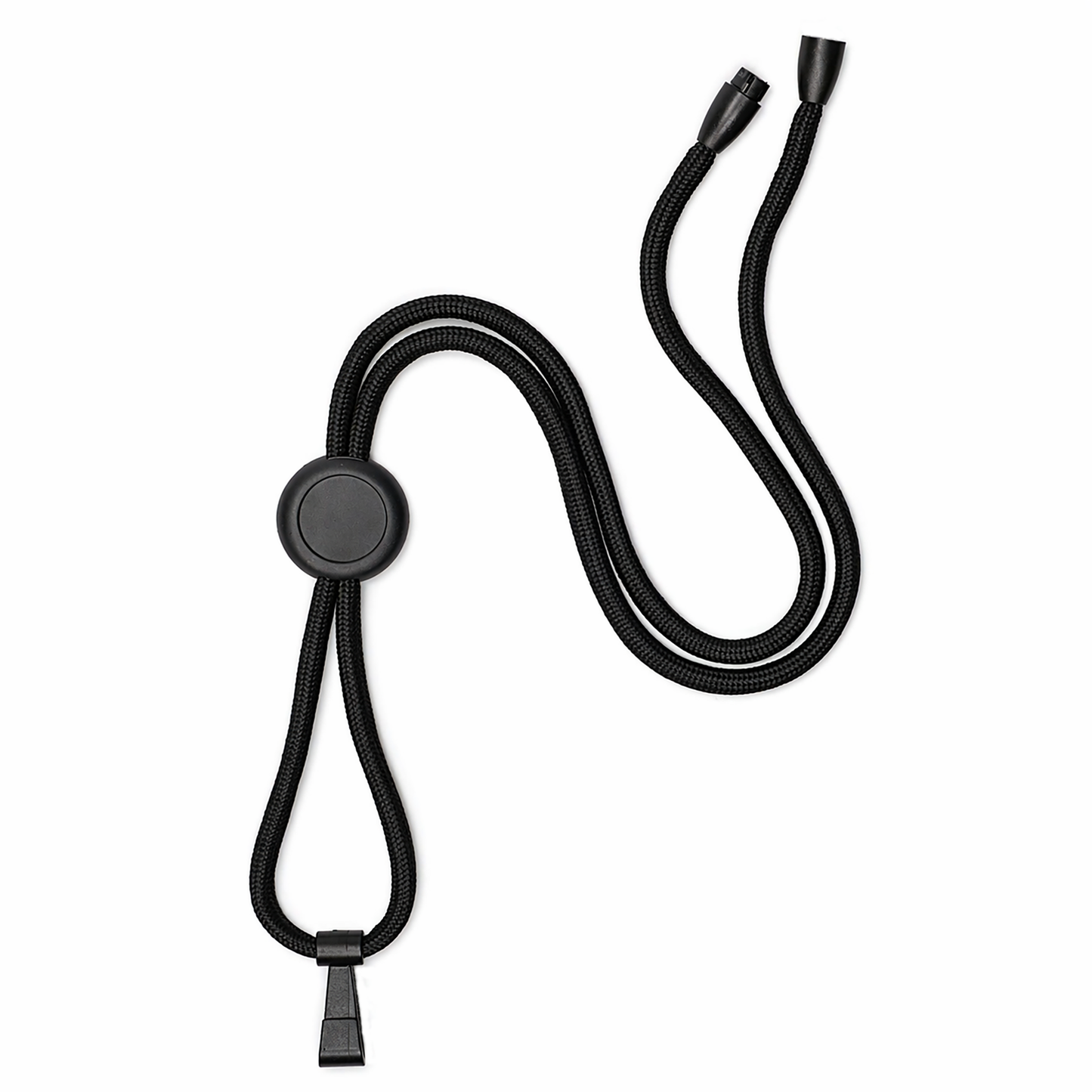 The Round Heavy Duty "No-Twist" Breakaway Black Lanyard w/ Slider (P/N FF-34H-BLK) features an adjustable sliding clasp and a plastic clip, displayed on a white background.