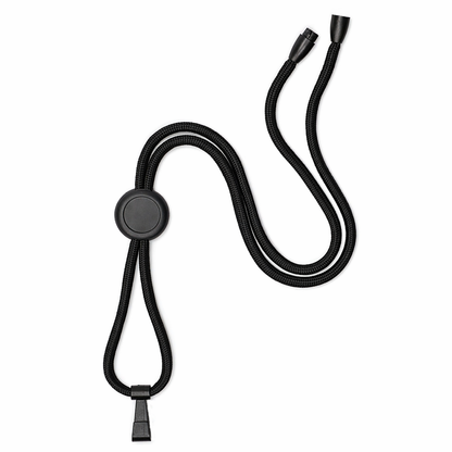 The Round Heavy Duty "No-Twist" Breakaway Black Lanyard w/ Slider (P/N FF-34H-BLK) features an adjustable sliding clasp and a plastic clip, displayed on a white background.
