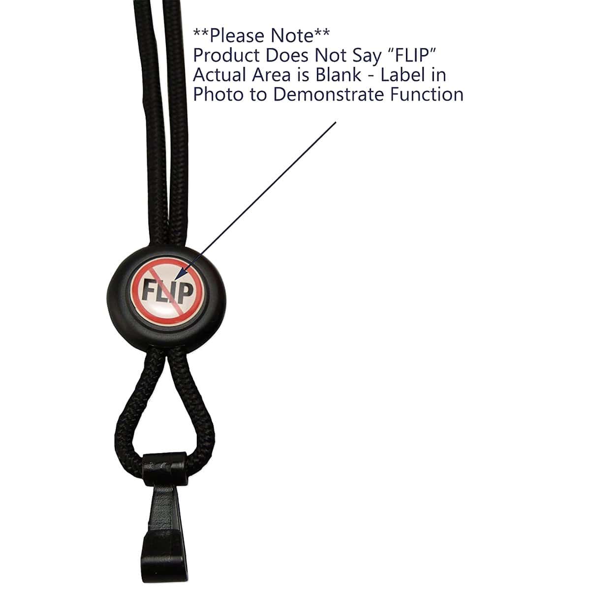 Close-up of a black strap with an adjustable slider labeled "FLIP" with a red circle and line through it, and a note clarifying the actual product label is blank and the image is for demonstration. This Custom Heavy Duty "No-Twist" Breakaway Black Lanyard with Slider (FF-34H-BLK) design aims to enhance brand awareness.