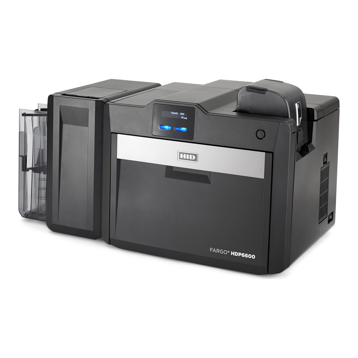 Top-left angle view of the HID FARGO HDP6600 dual-sided retransfer ID card printer.