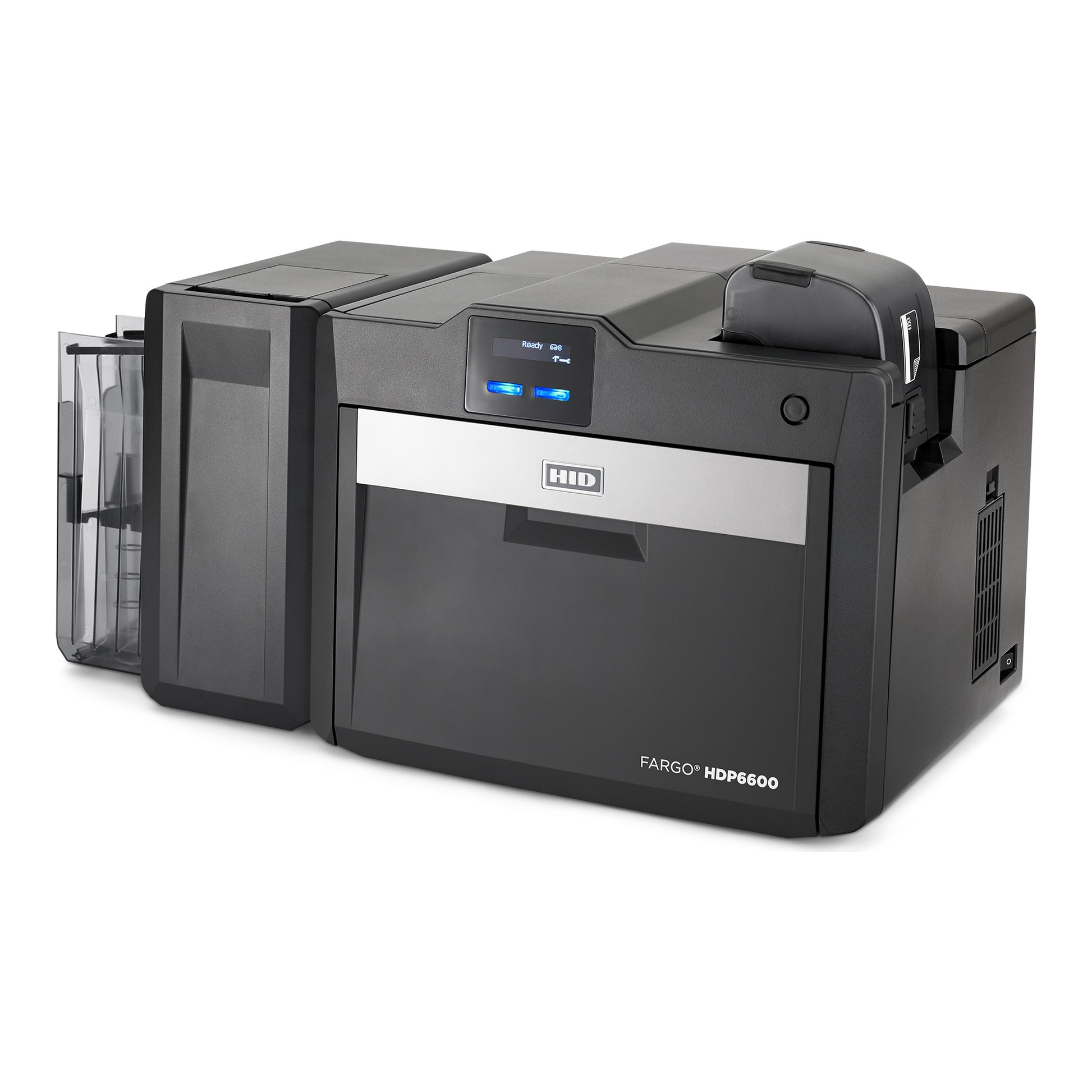 Top-left angle view of the HID FARGO HDP6600 dual-sided retransfer ID card printer.