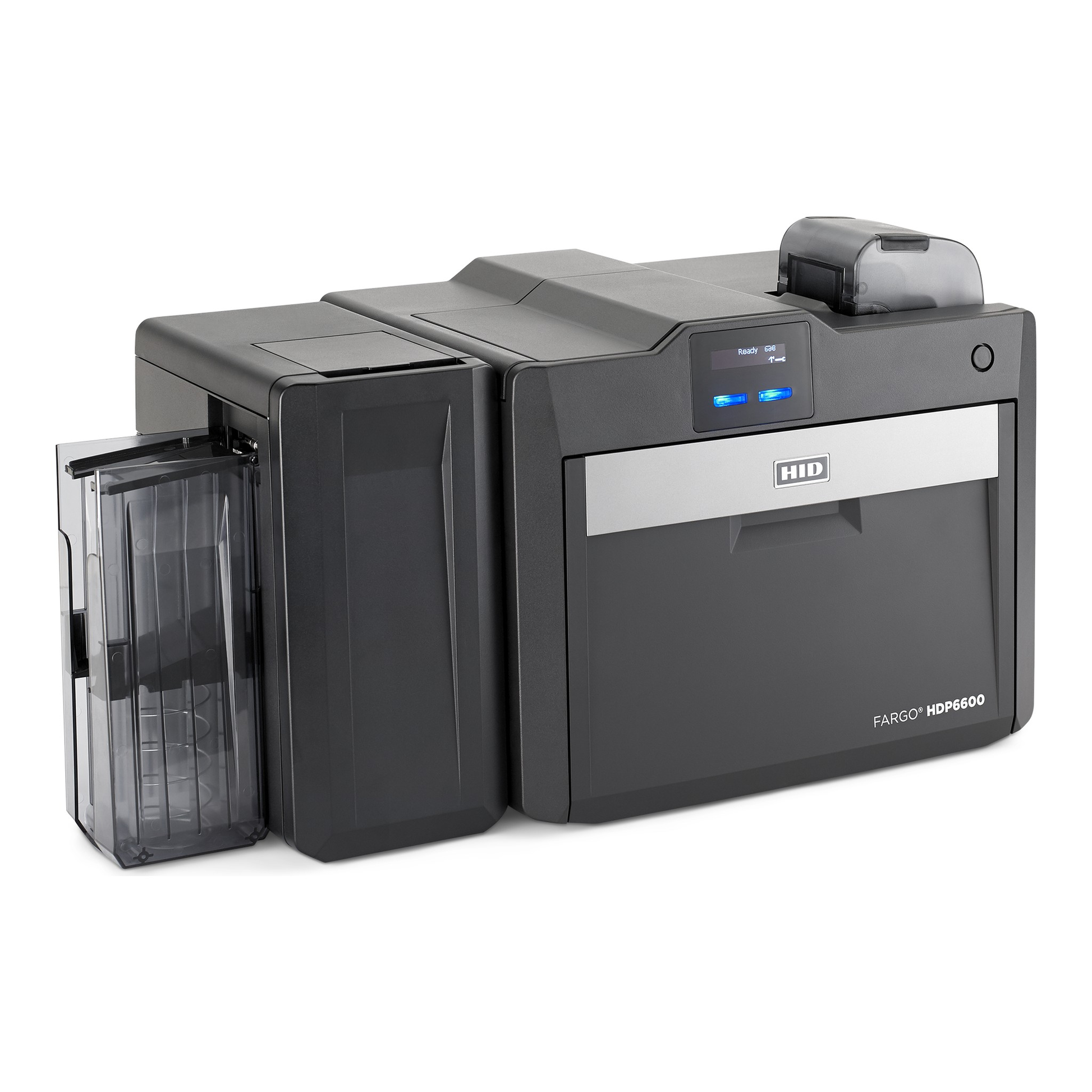Top-right angle view of the HID FARGO HDP6600 dual-sided retransfer ID card printer.