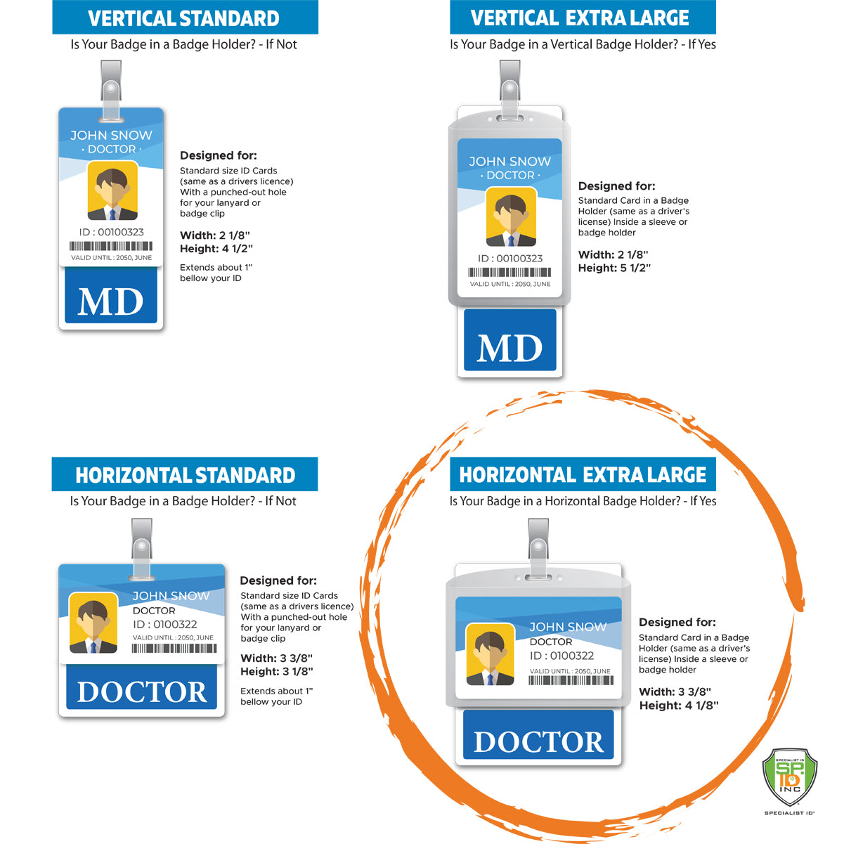 Four types of badge holders are displayed with dimensions and details. The badge holders are for vertical standard, vertical extra-large, horizontal standard, and horizontal extra-large badges, including options perfect for an Extra Large RN Badge Buddy - XL Badge Backer for Registered Nurse - Horizontal Hospital ID Badge Buddies.
