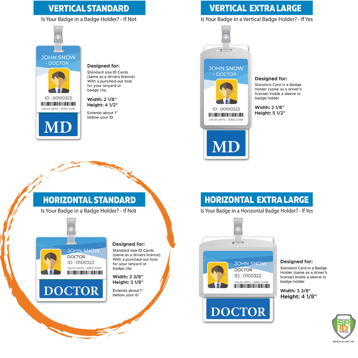 Comparison chart of four different ID badge holders (vertical standard, vertical extra-large, horizontal standard, and horizontal extra-large) displaying design differences and badge dimensions. Ideal for RN MSN Badge Buddy Horizontal for Nurse - Double Sided Print ID Badge Backer (Standard Size) or any hospital badge holder needs.