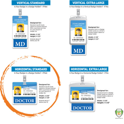 Four types of badge holders are shown: Vertical Standard, Vertical Extra Large, Horizontal Standard, and Horizontal Extra Large, each with a sample "Doctor" badge and ID details. These Custom Printed Clear Badge Buddies Horizontal (Standard Size) - Customize with Title and Color from Specialist ID ensure all your credentials are clearly visible.