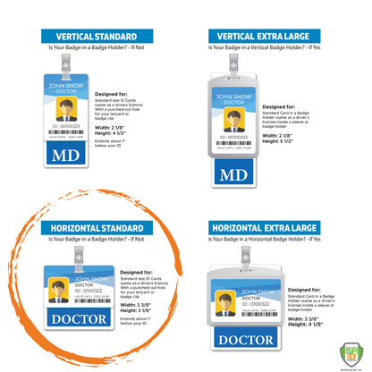 Image showing four different badge holder options: Vertical Standard, Vertical Extra Large, Horizontal Standard, and Horizontal Extra Large. Each includes dimensions, design purposes, and a sample badge inside. Perfect for displaying a hospital ID badge or an MD Horizontal Badge Buddy with RED Border for easy identification.