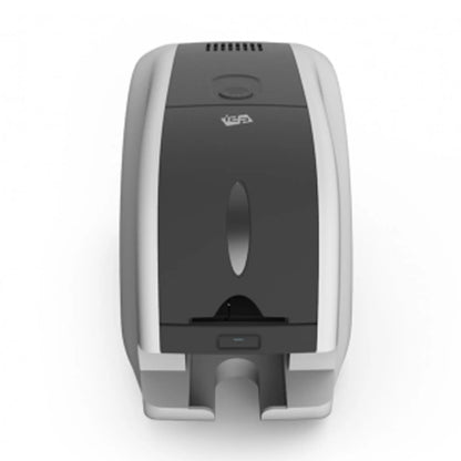 Top view of a black and gray IDP Smart-31S Single Sided Direct-to-Card ID Card Printer with a clear indicator window and a dispensing nozzle at the bottom.
