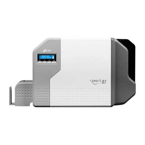 A white and gray IDP SMART-81S Single Sided Retransfer Card Printer P/N 653636 with a small display screen and control buttons is shown, offering precision printing suitable for various security features.