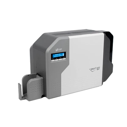A gray and white desktop device with a small digital display screen and card output slot on the front, labeled "IDP SMART-81S Single Sided Retransfer Card Printer P/N 653636," this ID card printer boasts precision printing and advanced security features.