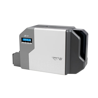 A gray and white IDP 653637 SMART-81D Dual Sided Retransfer Printer with a small display screen and control buttons. The model name "Smart 81" is visible on the front, ensuring high-definition card printing every time.