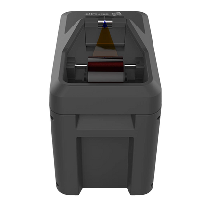 A top-down view of the grey, rectangular Smart-Bit 651577 Ribbon Shredder by IDP reveals an open compartment housing a roller mechanism, ensuring secure disposal and data protection by efficiently shredding materials.