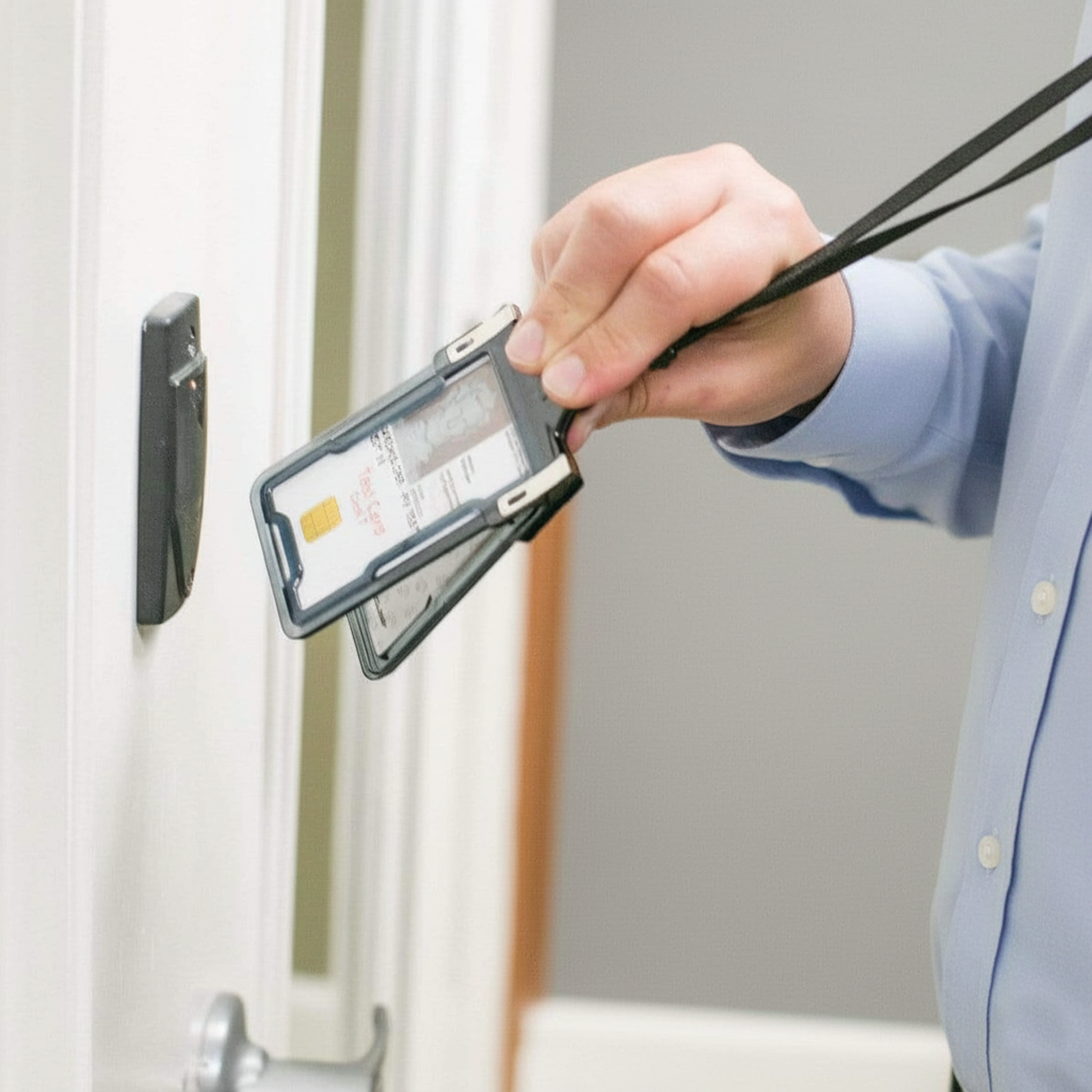 A person in a dress shirt holds an ID card near an access control reader mounted on a wall, likely to gain entry through a secured door using their Identity Stronghold RFID Blocking Secure Badgeholder Classic - Holds 1 Card - Shields 13.56MHz Signal (IDSH1004-001B-002).