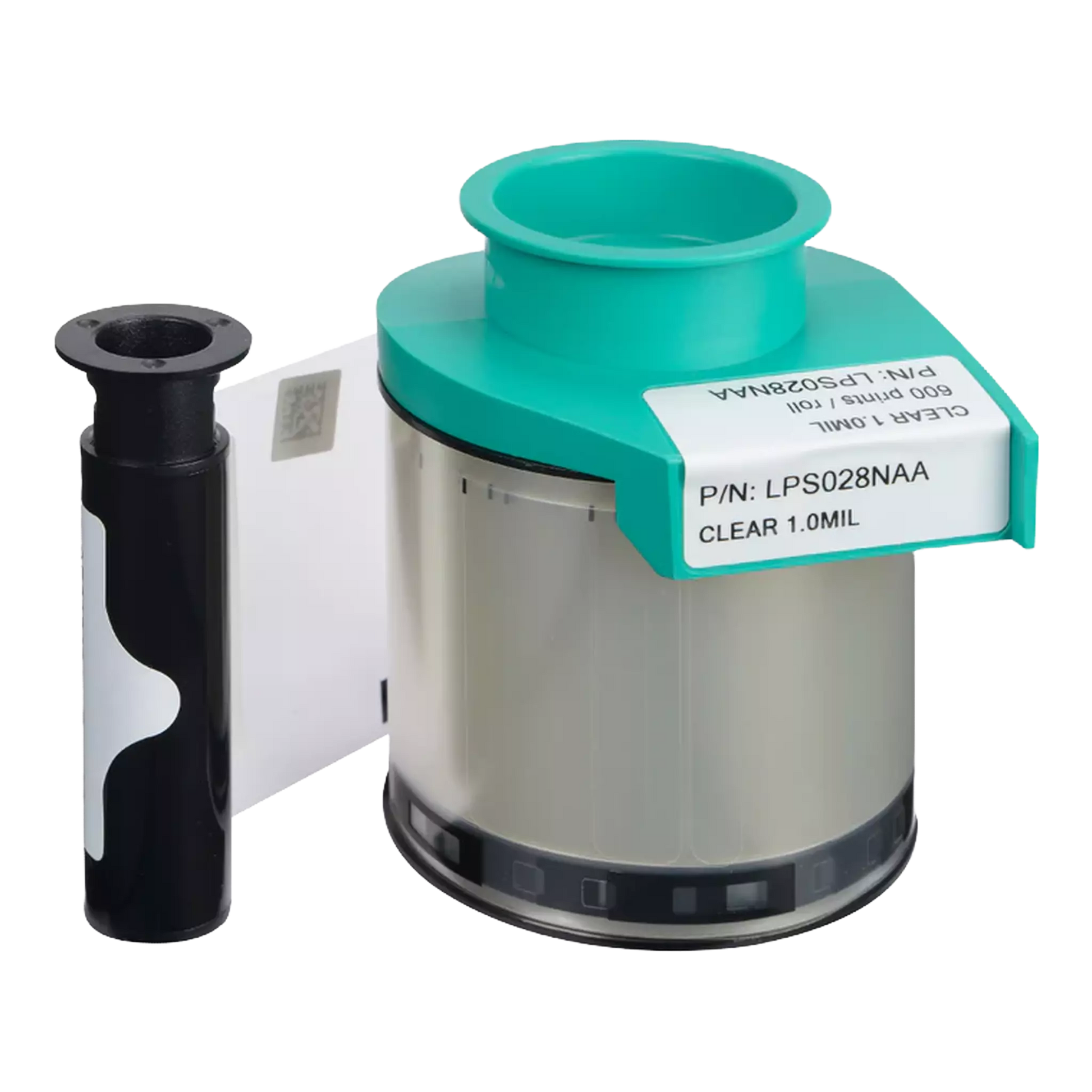 A film roll and cartridge with teal top, labeled "Evolis LPS070NAA Clear Patch Laminate 1.0 mil (600 Prints)," designed for printing or imaging devices. The supplied description lacks specific product features or details.