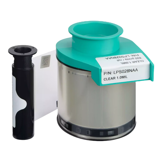 A film roll and cartridge with teal top, labeled "Evolis LPS070NAA Clear Patch Laminate 1.0 mil (600 Prints)," designed for printing or imaging devices. The supplied description lacks specific product features or details.