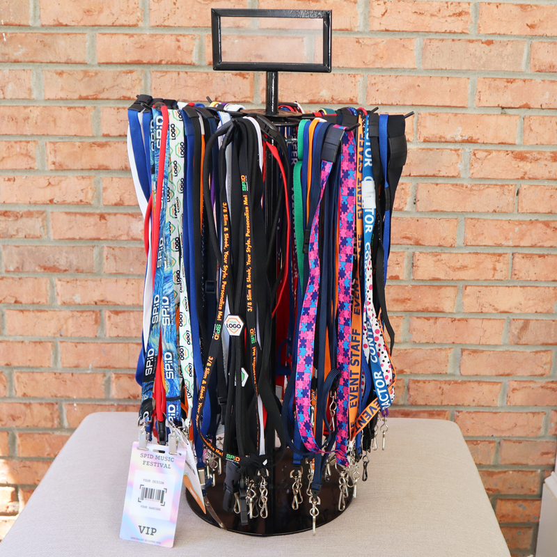 Rotating lanyard display stand loaded with colorful lanyards