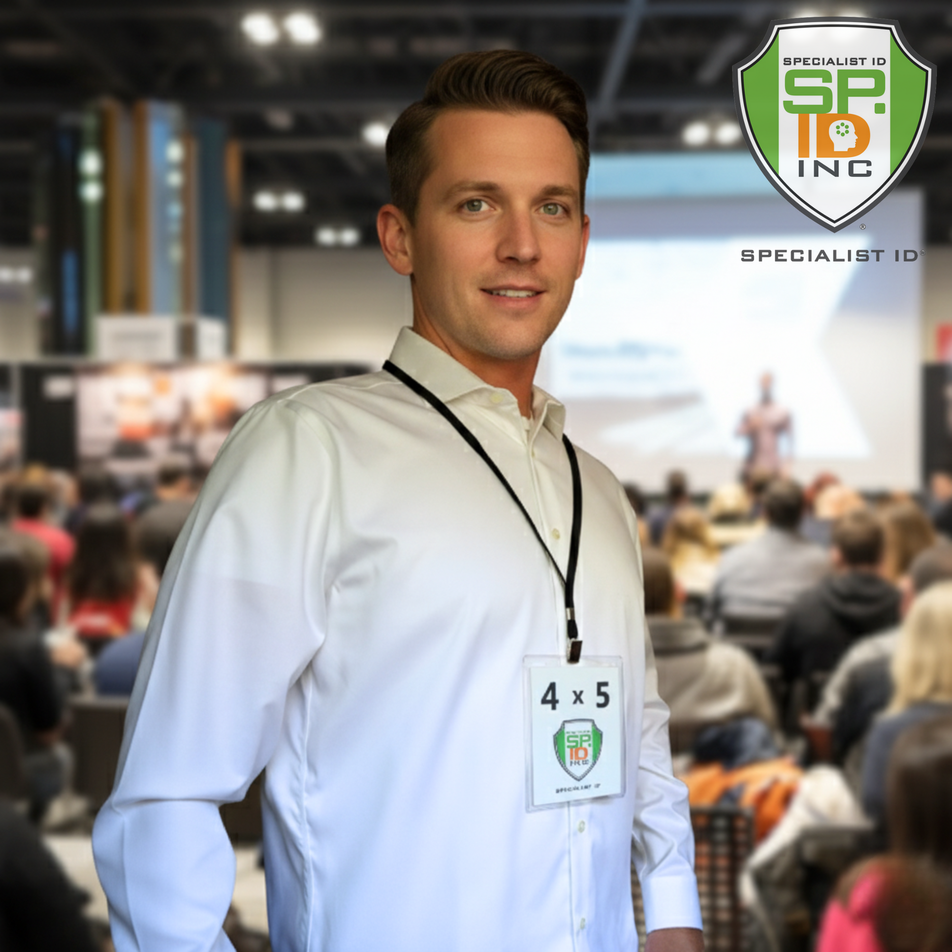 Man wearing a white dress shirt with a 4x5 badge holder attached to a black bulldog clipped lanyard in a conference setting, Specialist ID Inc logo visible