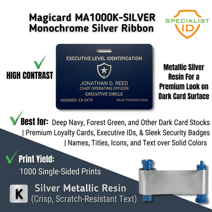 Infographic for Magicard MA1000K-SILVER Silver Monochrome Ribbon, compatible with Enduro+, Enduro3E, and Rio Pro printers, showing a printed card, ribbon image, features, printer compatibility, and 1,000 single-sided prints.