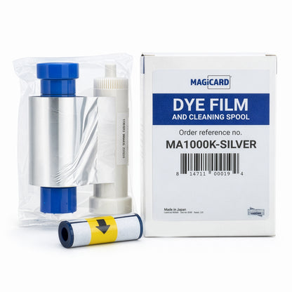 The Magicard MA1000K-SILVER Silver Monochrome Ribbon set for Enduro+, Enduro3E, and Rio Pro ID Card Printers includes a dye film roll, cleaning spool, and box; yields 1,000 prints.